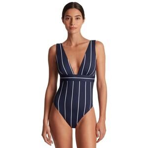 Lauren Ralph Lauren Women's Striped V-Neck One-Piece Swimsuit Navy Size 16 0750